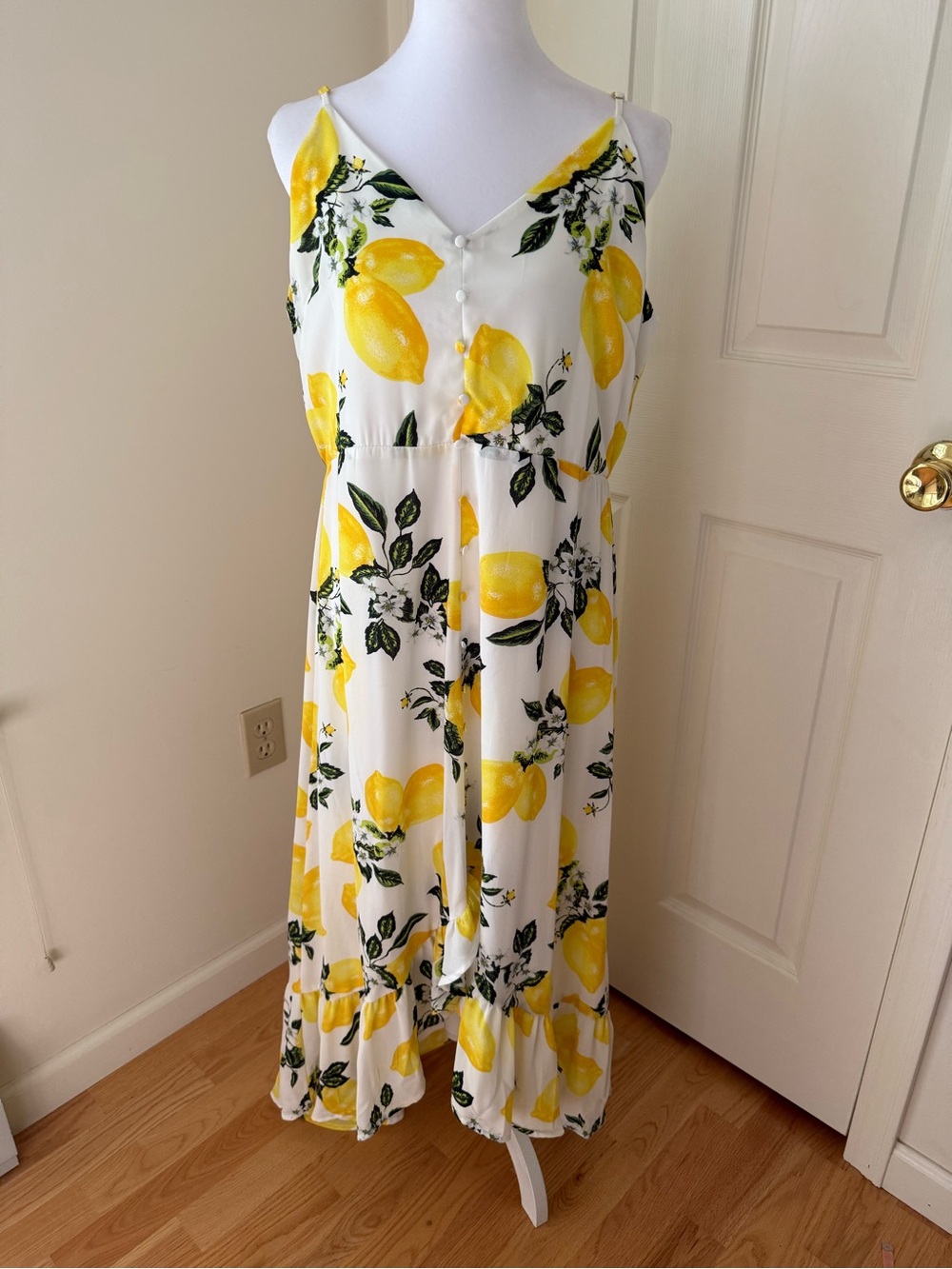 Lulus XL Lemon Print High Low Midi Dress White Yellow Citrus Ruffle Cottagecore